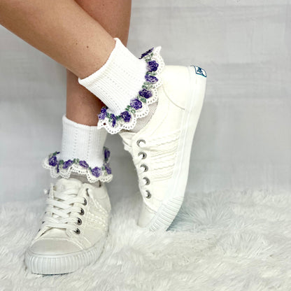 FLOWERS  lace cuff socks - white purple,, pretty summer lace cuff sock for women made in USA, Catherine Cole socks
