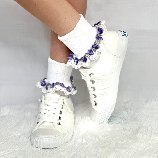 FLOWERS  lace cuff socks - white purple,, pretty summer lace cuff sock for women made in USA, Catherine Cole socks