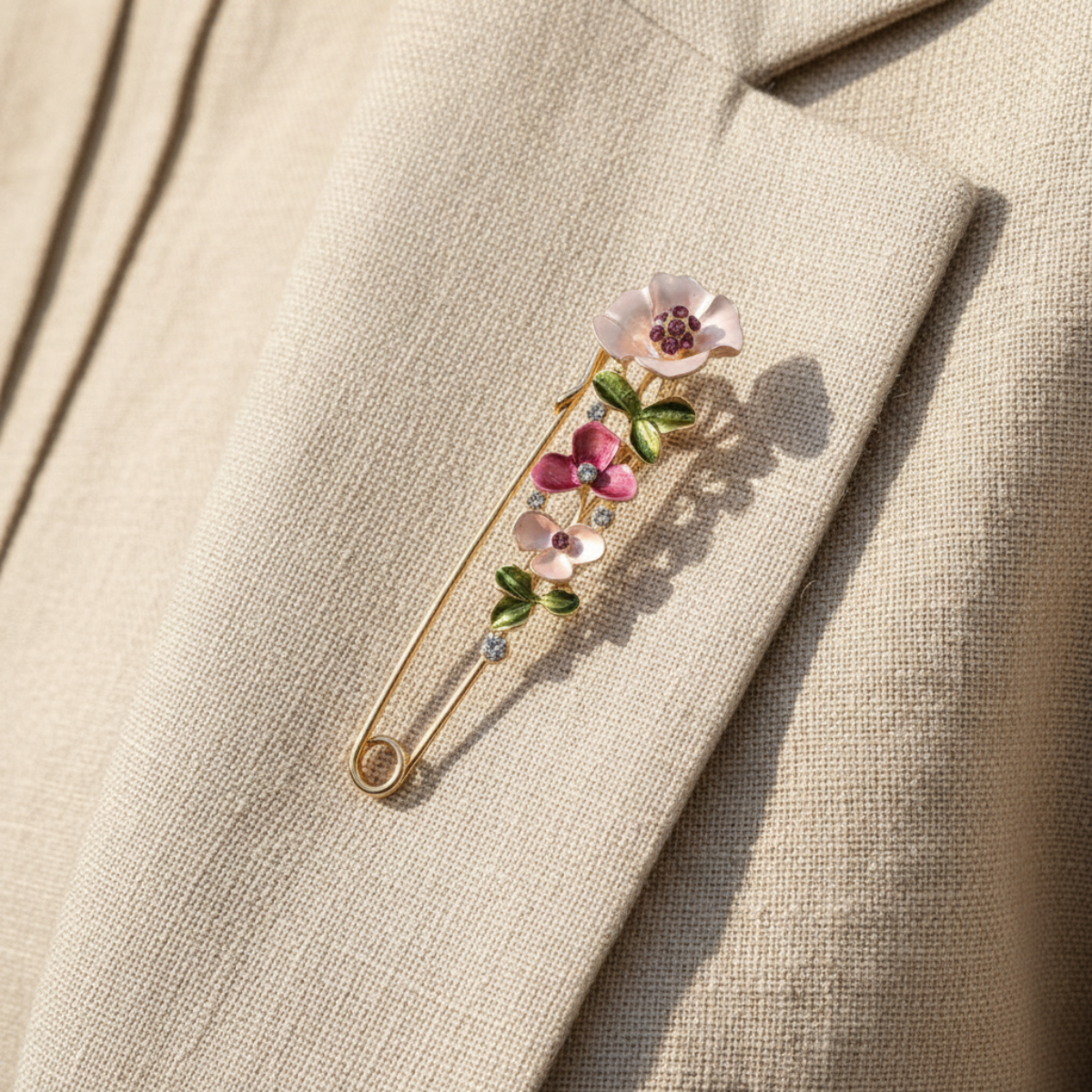 Floral Cascade Kilt Pin Brooch | Pink Enamel Flower Safety Pin | Garden Brooch