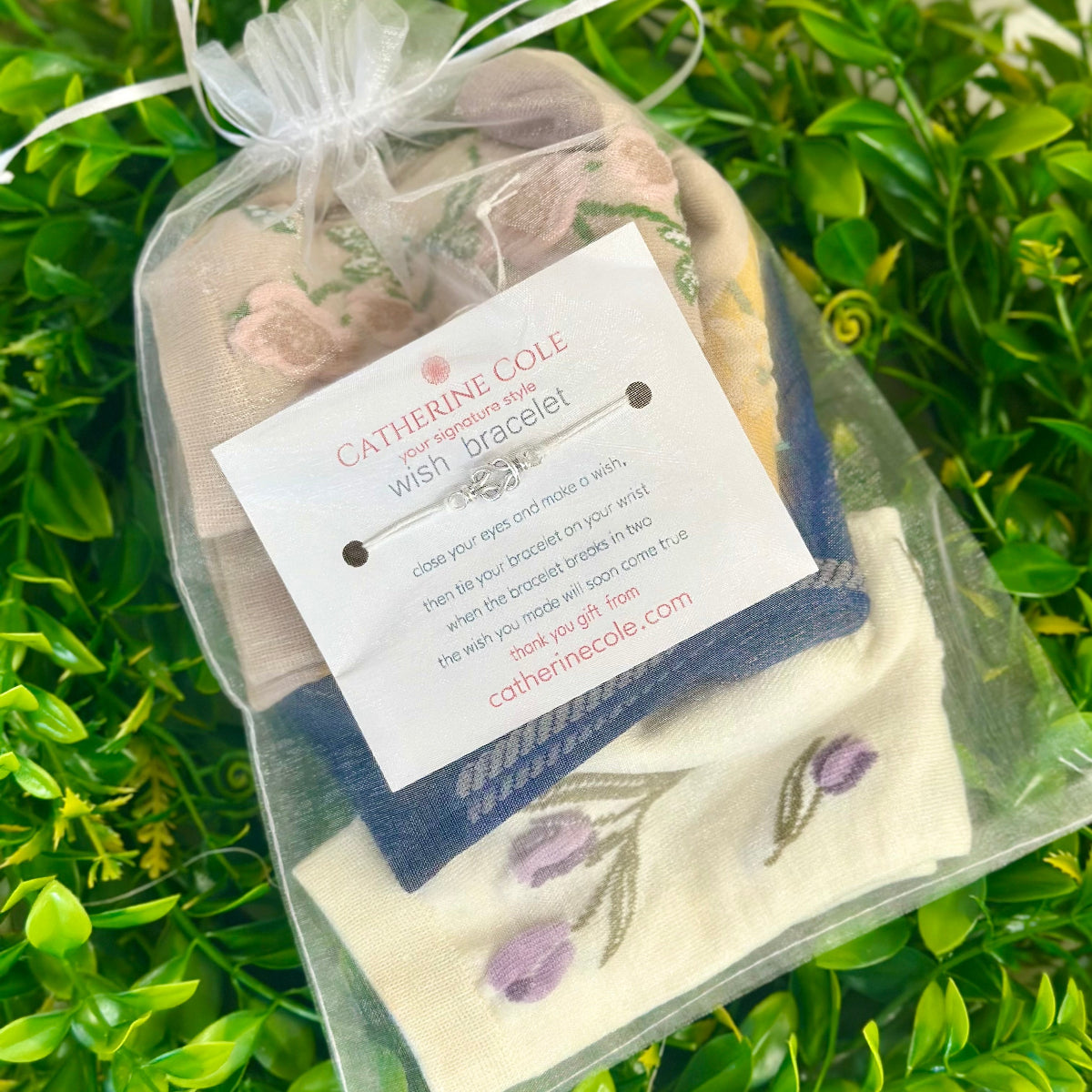 Catherine Cole wish bracelet in clear packaging with a green leafy background