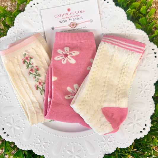 Floral & Pink Stripe 3-Pack Ankle Sock Bundle + Handmade Pink Flower Wish Bracelet