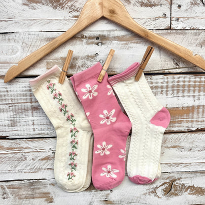 Floral & Pink Stripe 3-Pack Ankle Sock Bundle + Handmade Pink Flower Wish Bracelet