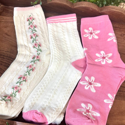 Floral & Pink Stripe 3-Pack Ankle Sock Bundle + Handmade Pink Flower Wish Bracelet