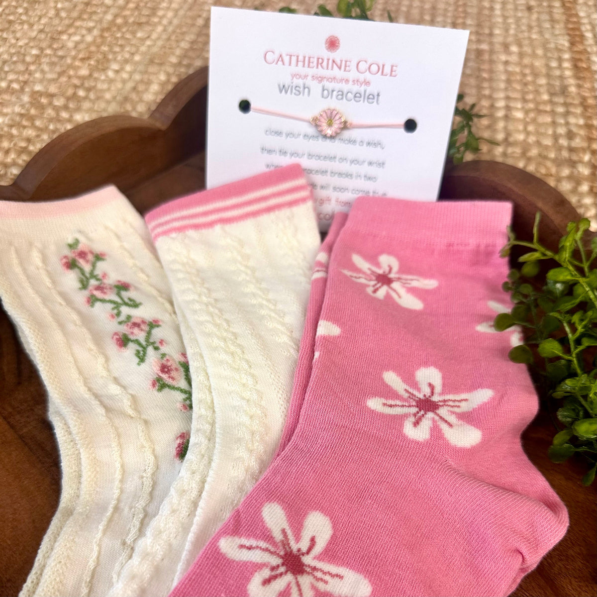 Floral & Pink Stripe 3-Pack Ankle Sock Bundle + Handmade Pink Flower Wish Bracelet