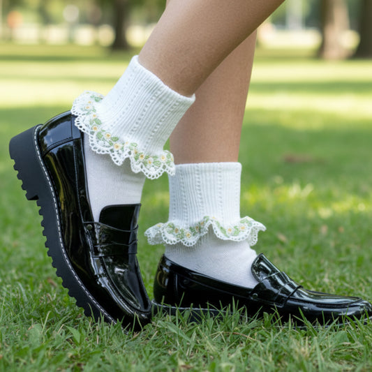 Forget Me Not Lace Cuff Socks - Yellow Floral Catherine cole