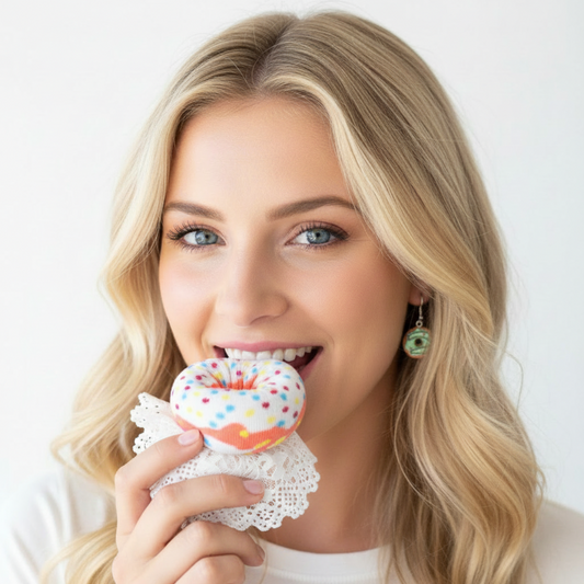 Woman holding a colorful donut-shaped object against a white background