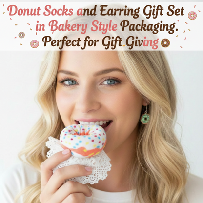 A smiling blonde woman holds a donut-shaped item near her mouth while wearing a white top and green earrings. A banner at the top reads, 'Donut Socks and Earring Gift Set in Bakery Style Packaging.