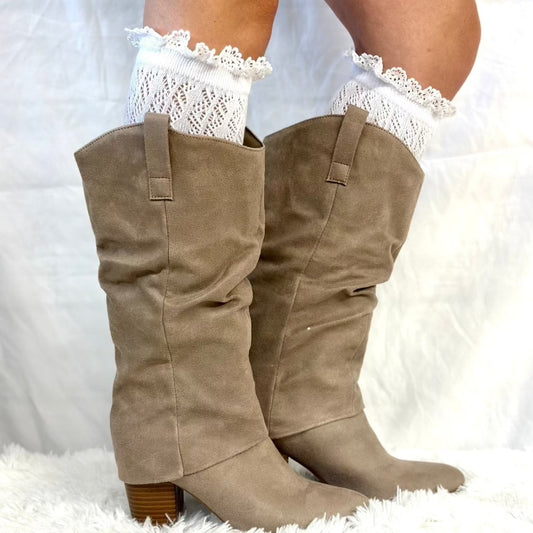 cowgirl boots socks, tall lace knee socks for women , Catherine Cole Atelier, knee high lace top sock's women's.
