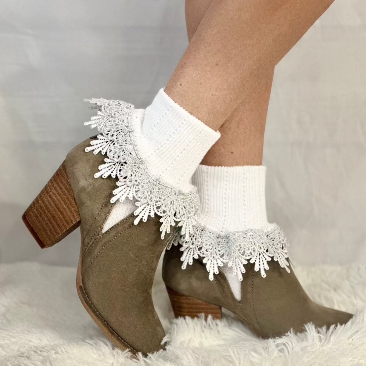 white silver metallic Holiday lace cuff sock women, trendy fashion, Catherine Cole Atelier