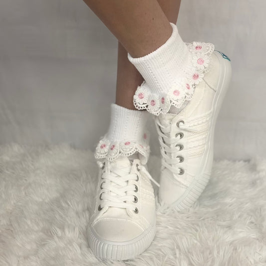 DAISY MAE  lace cuff socks - white pink