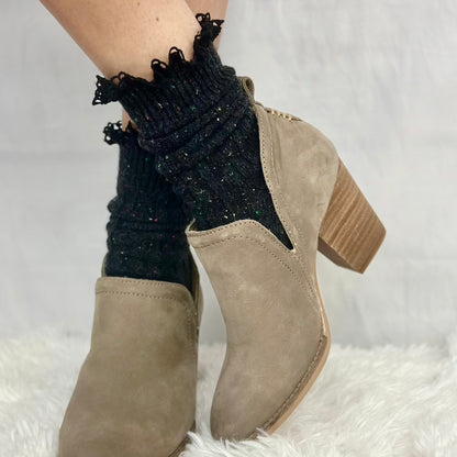 BOOTIE  lace tweed slouch  socks - black, short ankle boot socks women, cute slouch socks, quality ladies hosiery