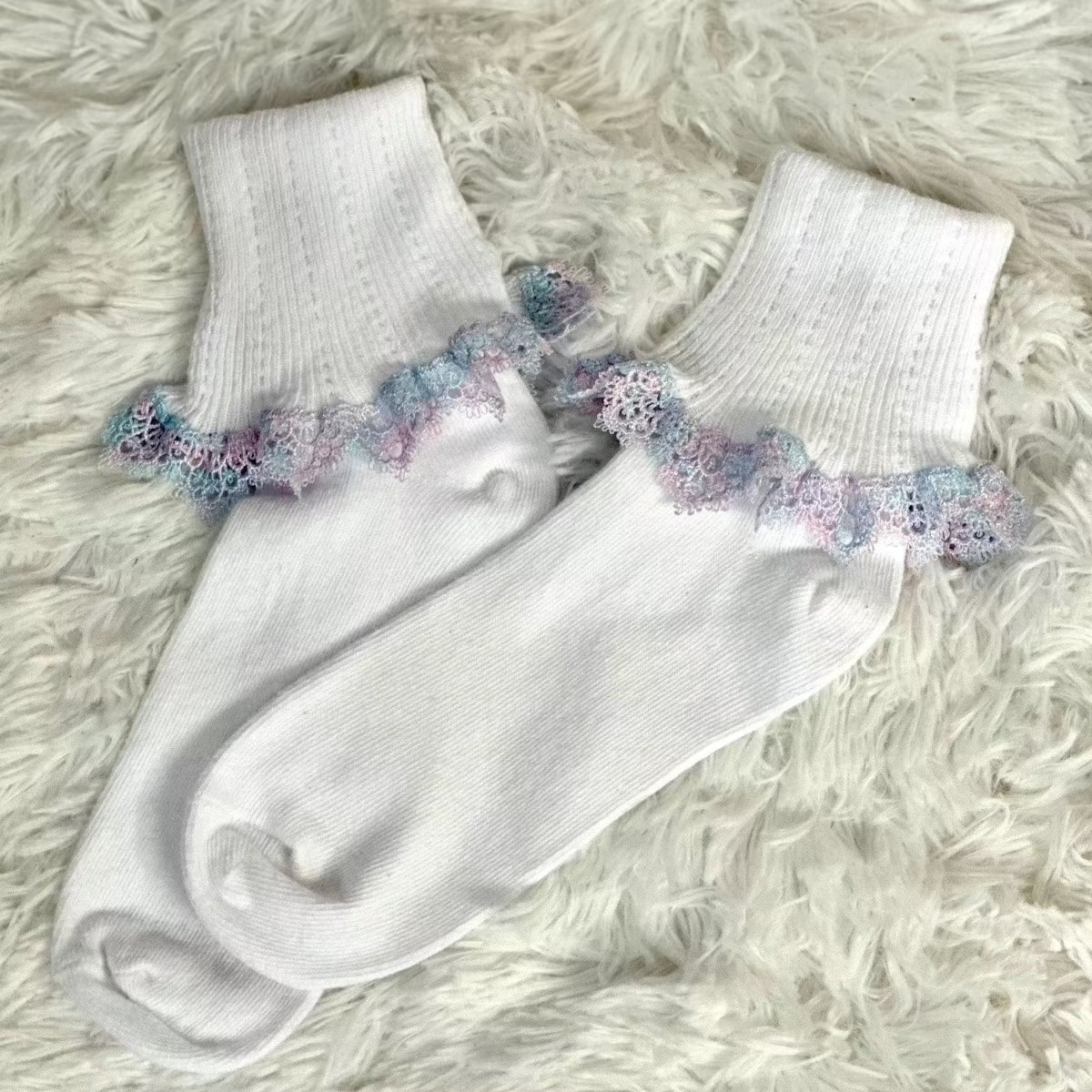 OMBRE" tatted  lace cuff ankle socks  - white blue, Catherine Cole, ladies ruffle t socks near me.