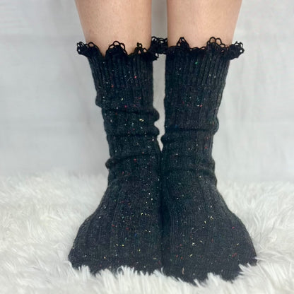 BOOTIE lace tweed slouch socks - black, short ankle boot socks women, cute slouch socks, quality ladies hosiery