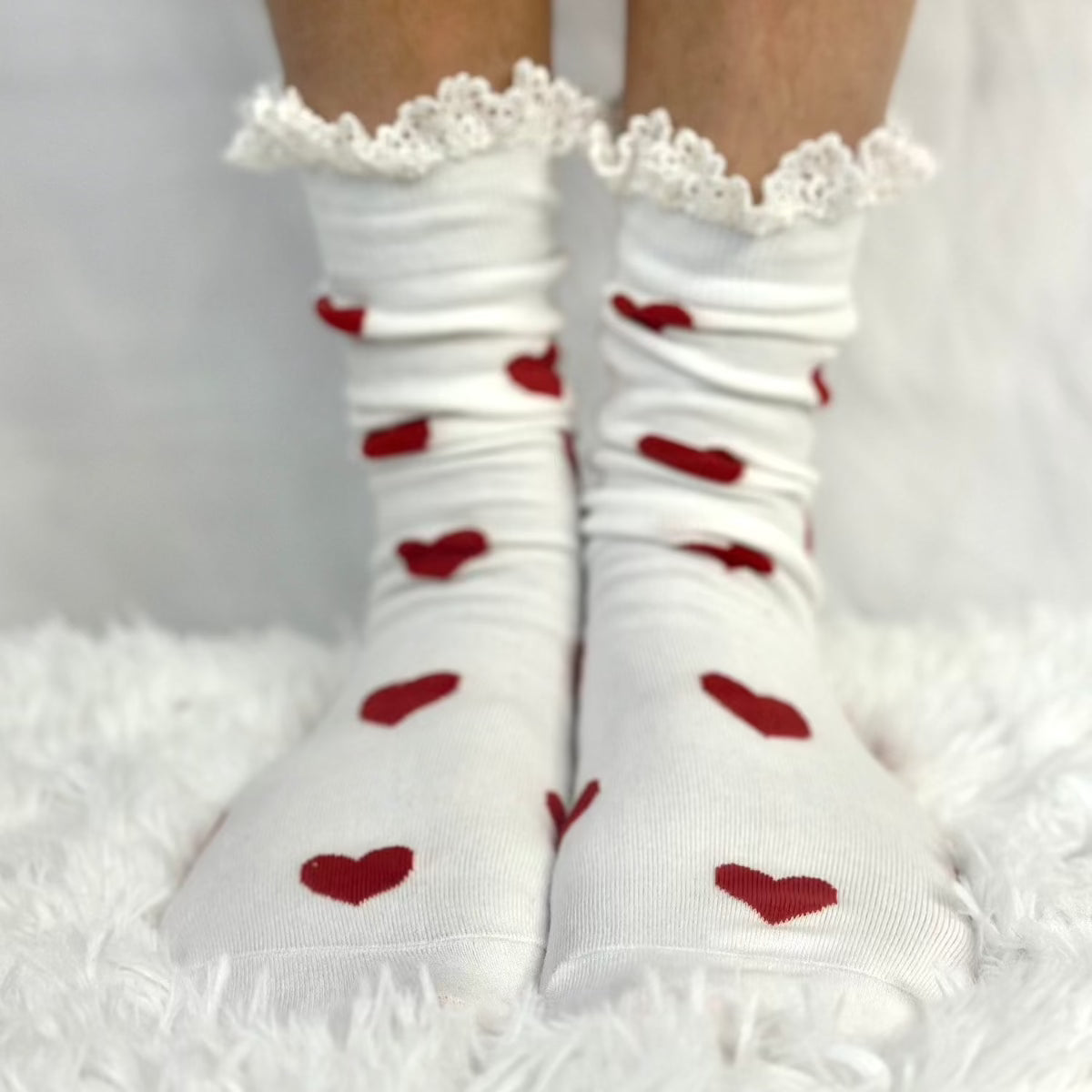 HEARTS DELIGHT lace top heart ankle sock - cream red, Valentine day socks,  hearts socks women, red heart crew lace socks, 