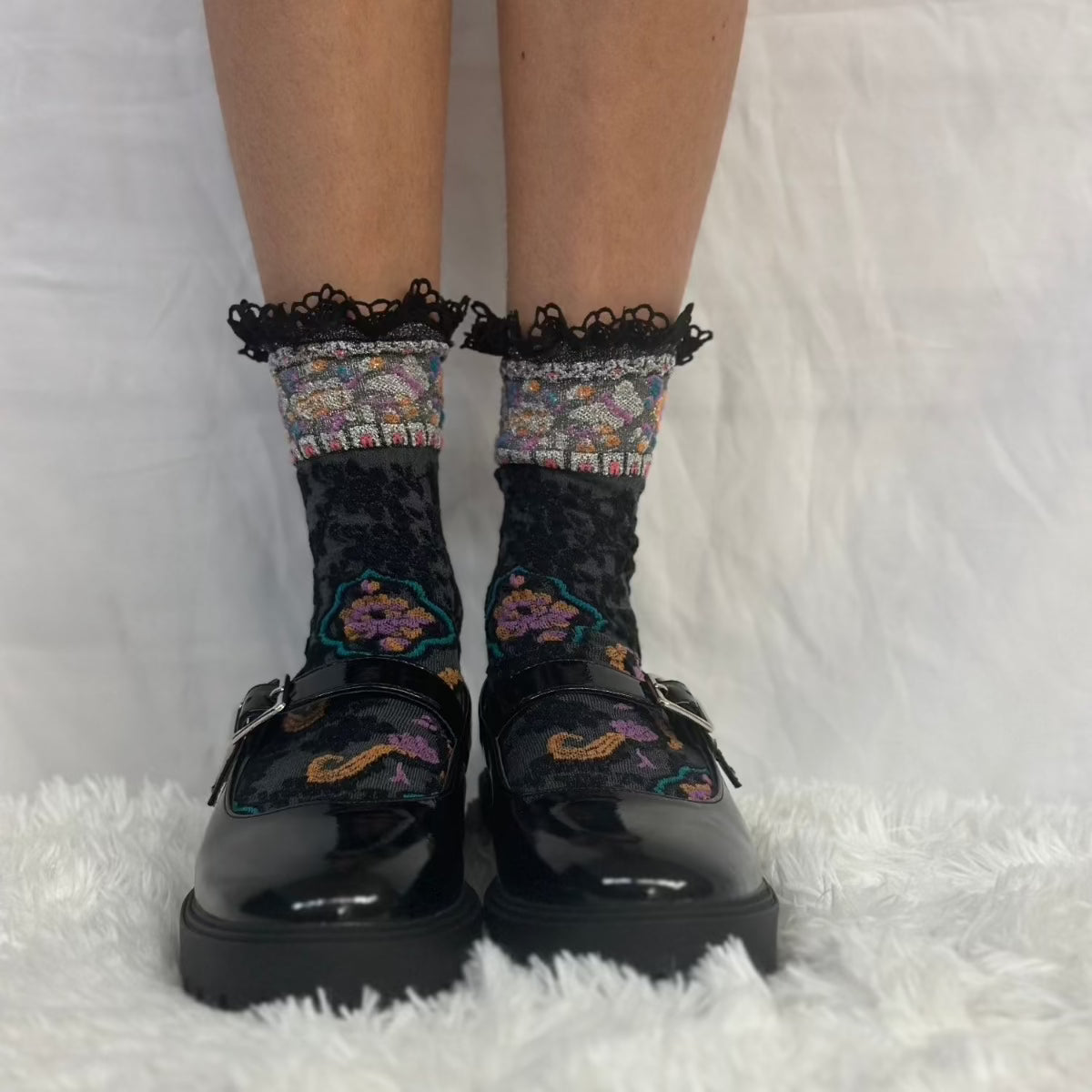 HELLO BIRDY knit lace top black crew sock - eye candy sock, women's funny ankle socks, colorful print novelty socks women.