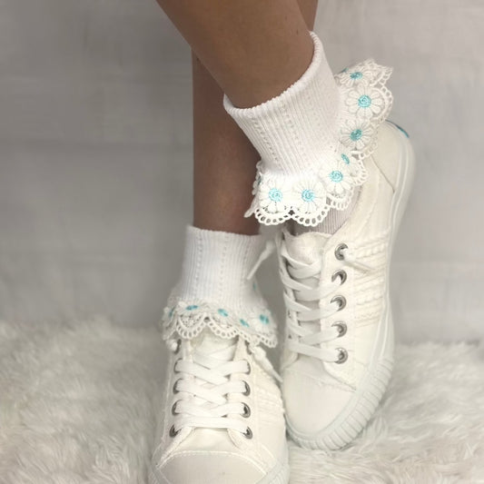 DAISY MAE  lace cuff socks - white aqua