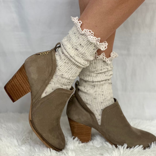Grey tweed short ankle boot socks, lace topped socks for booties women fashion hosiery