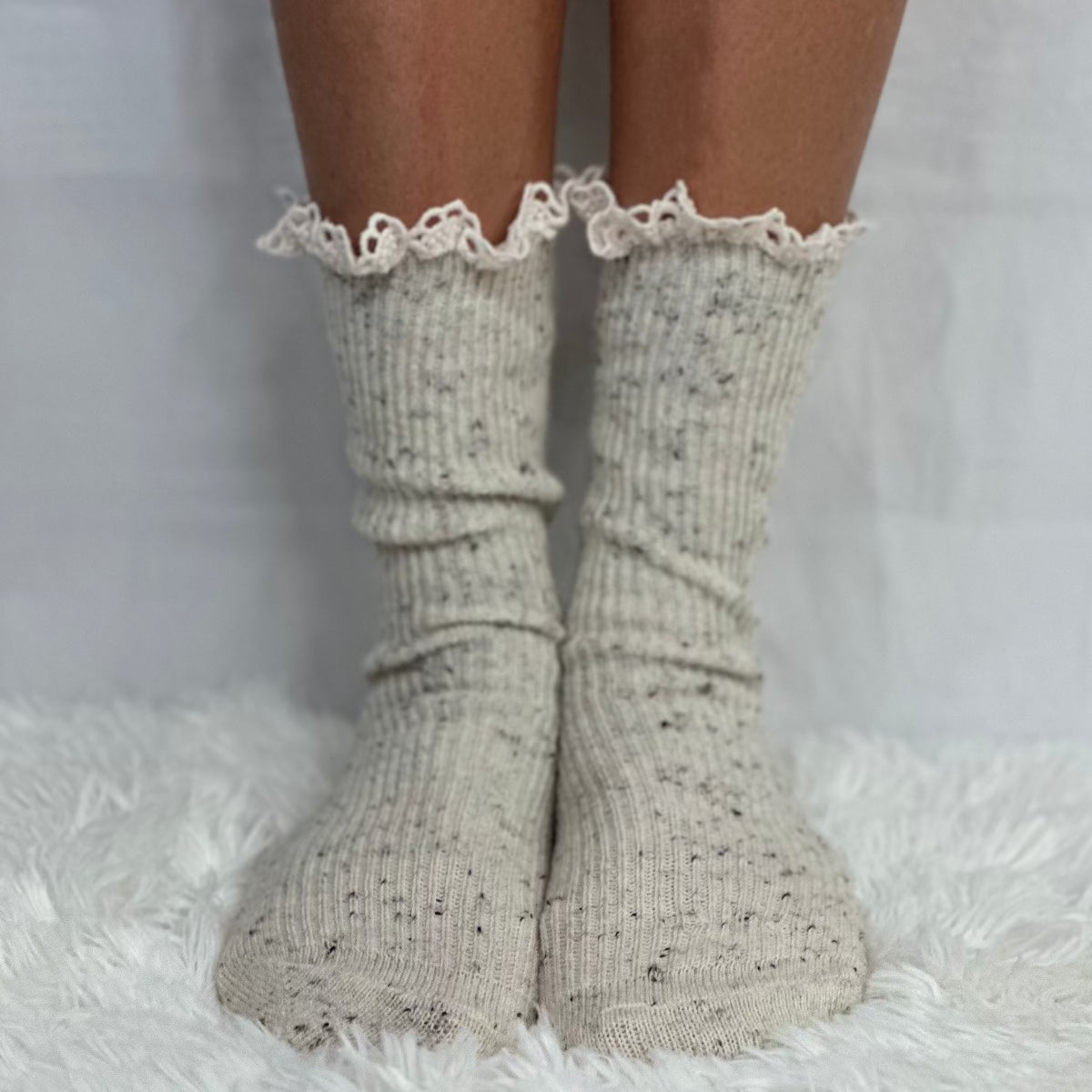 Grey tweed knit designer lace socks women, cute socks for booties, lace topped ankle boot socks designer 