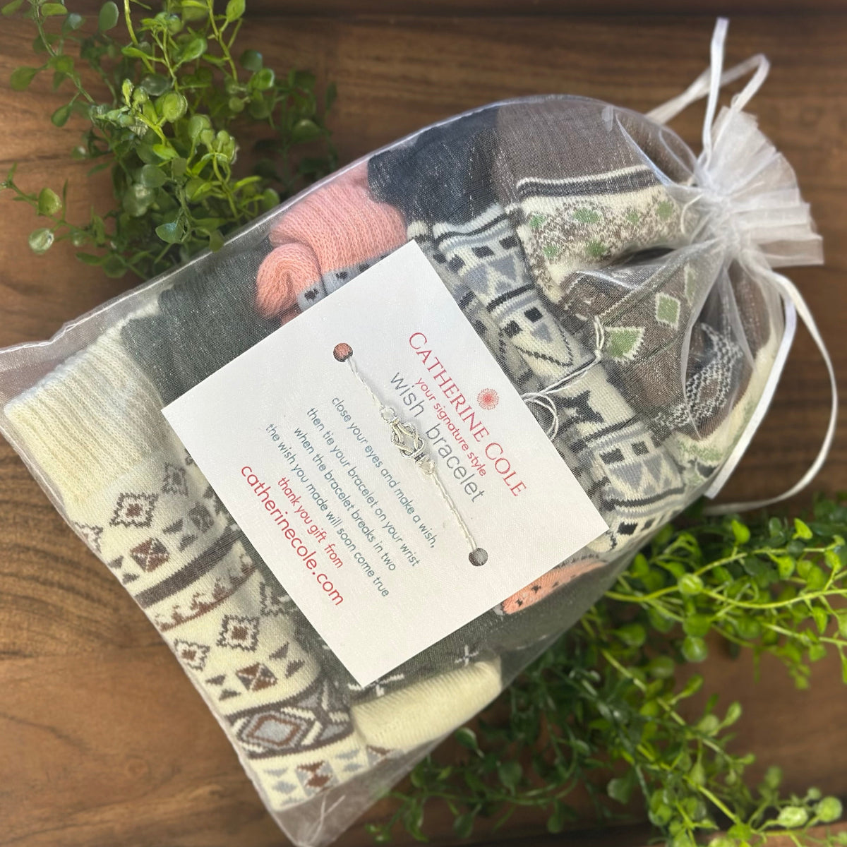 Packaged yarn set with a label on a wooden surface surrounded by greenery, Geometric Patterned Ankle Socks 5-Pack Bundle with Wish Bracelet - Women's 6-9