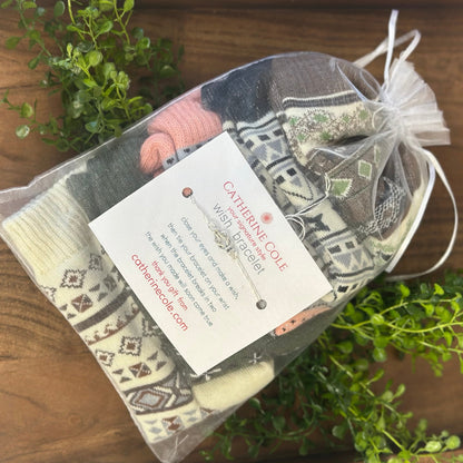 Packaged yarn set with a label on a wooden surface surrounded by greenery, Geometric Patterned Ankle Socks 5-Pack Bundle with Wish Bracelet - Women's 6-9