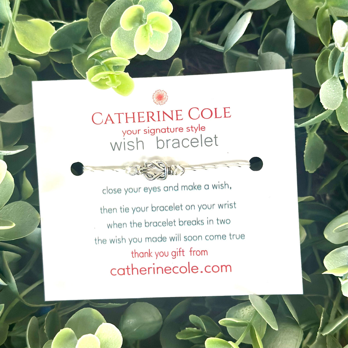 Catherine Cole wish bracelet packaging on a green leafy background
