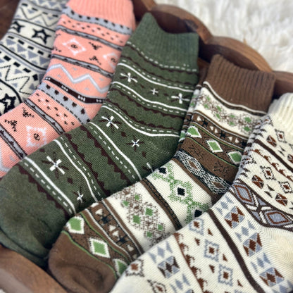 Collection of patterned socks in various colors and designs.  Geometric Patterned Ankle Socks 5-Pack Bundle with Wish Bracelet - Women's