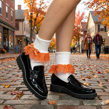HALLOWEEN Orange White Lace Socks | Costume Socks Made in USA