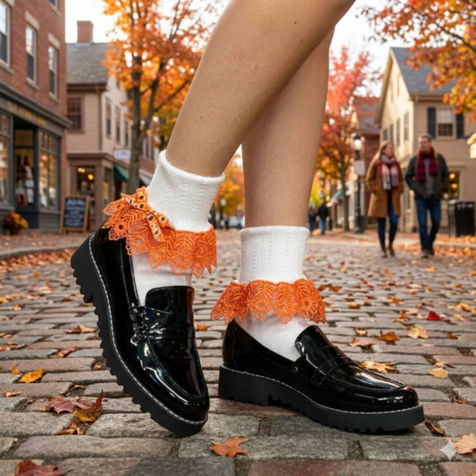 HALLOWEEN Orange White Lace Socks | Costume Socks Made in USA