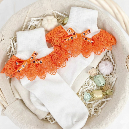 HALLOWEEN Orange White Lace Socks | Costume Socks Made in USA