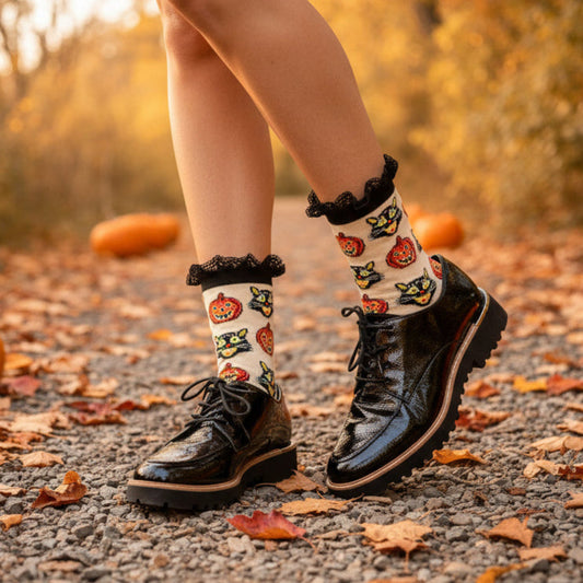 HALLOWEEN vintage cat and pumpkin lace top sock, Catherine Cole signature socks