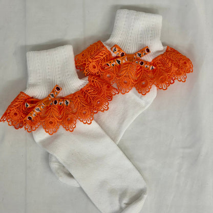 HALOWEEN bow  lace cuff socks - white / orange