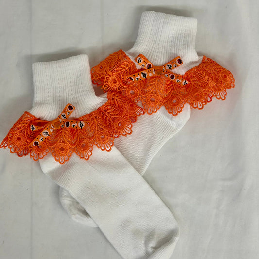 HALOWEEN bow  lace cuff socks - white / orange