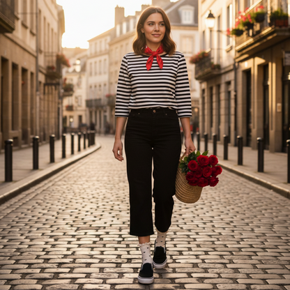 Woman in a striped shirt and black pants walking down a cobblestone street holding flowers.