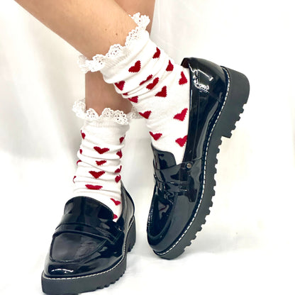 HEARTS DELIGHT  lace top heart ankle sock - red white, Catherine Cole socks, Valentines day sock fashion gift, made in usa