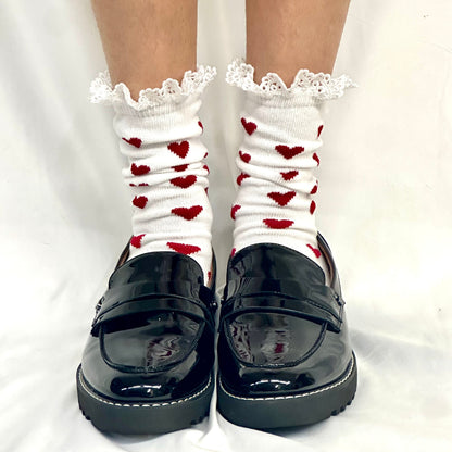 HEARTS DELIGHT  lace top heart ankle sock - red white, Catherine Cole socks, Valentines day sock fashion gift, made in usa