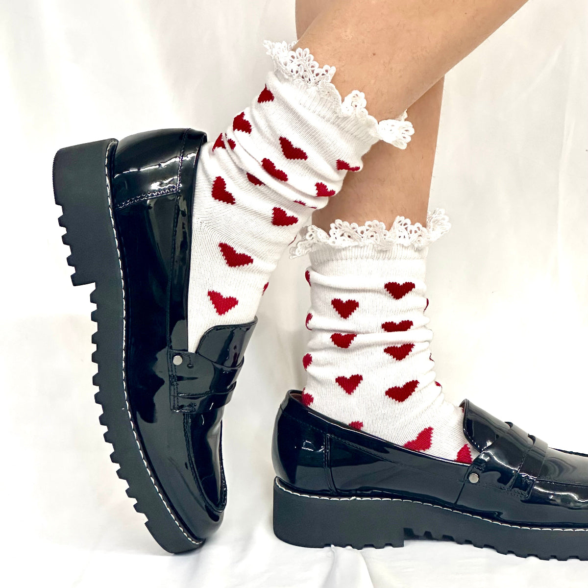 HEARTS DELIGHT  lace top heart ankle sock - red white, Catherine Cole socks, Valentines day sock fashion gift, made in usa