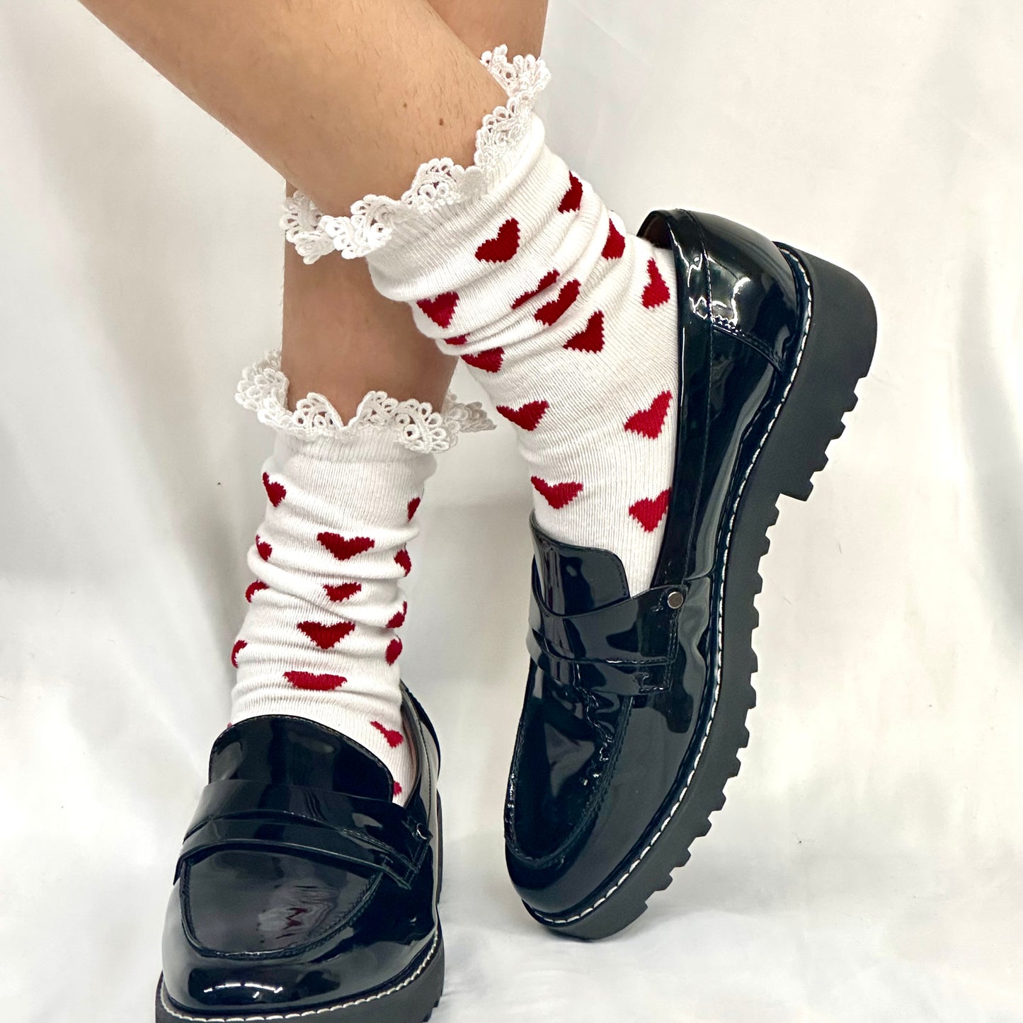 HEARTS DELIGHT  lace top heart ankle sock - red white, Catherine Cole socks, Valentines day sock fashion gift, made in usa