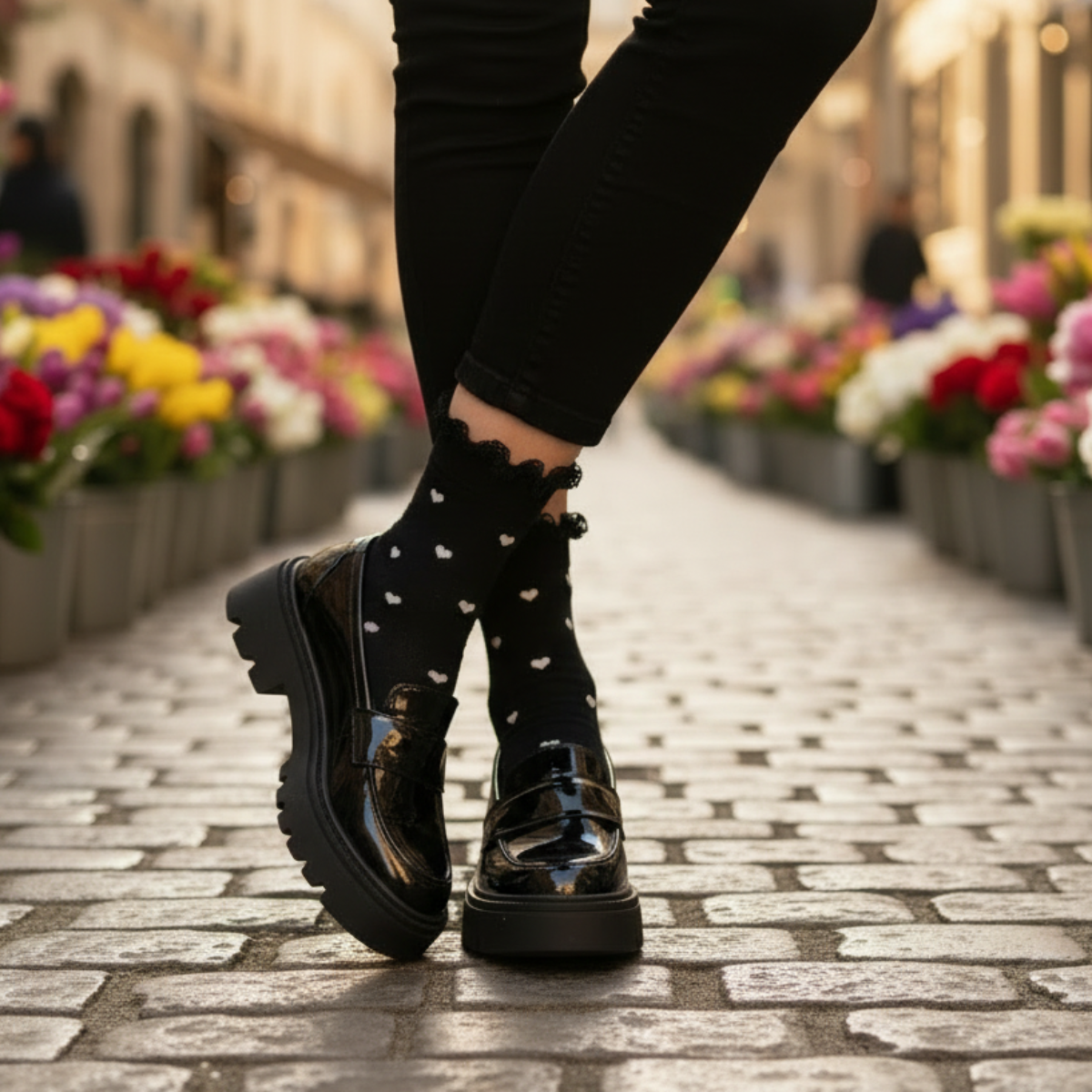 Person wearing black shoes and socks with heart patterns on a street with flower stalls.