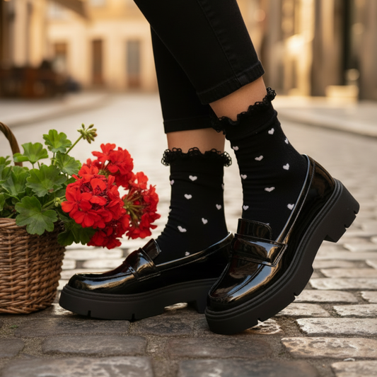 Black shoes and socks with heart patterns on a cobblestone street. by Catherine Cole