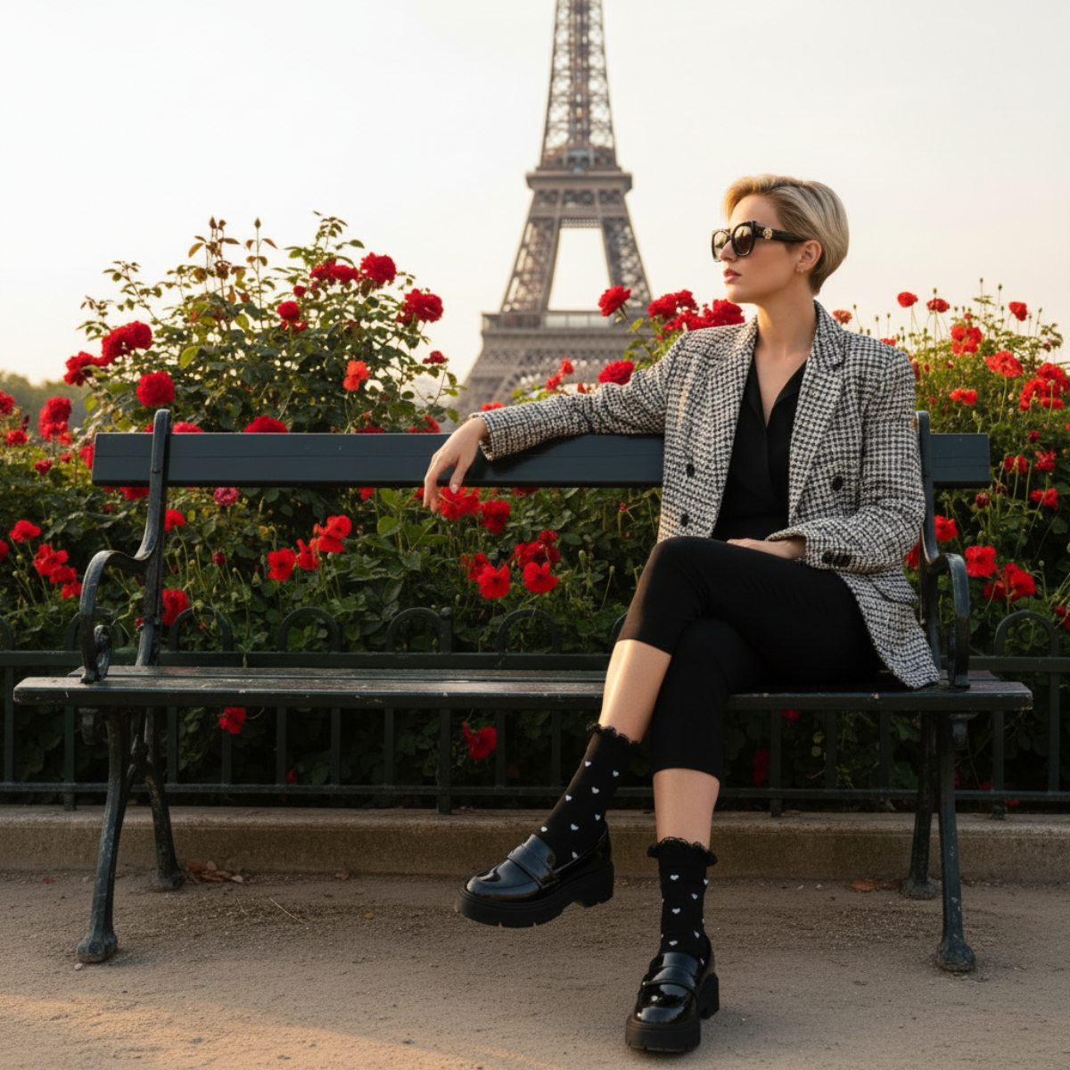 Woman sitting on a bench with the Eiffel Tower in the background hearts delight ankle socks Catherine cole