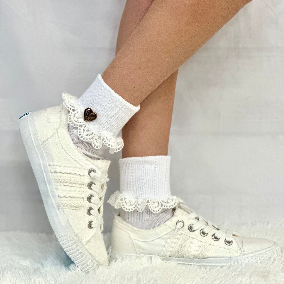 HEART button  lace cuff socks - white valentines day socks by Catherine cole