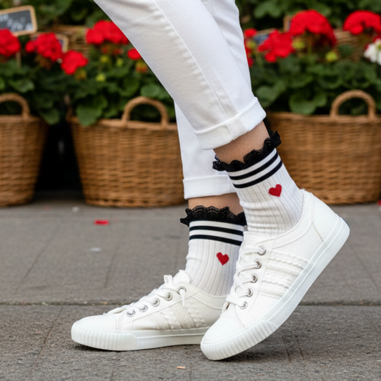 HEART Striped Crew Socks - Red Valentine's Day Socks for Her