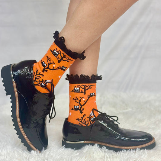 HOOT OWL halloween lace top sock, Catherine Cole signature socks