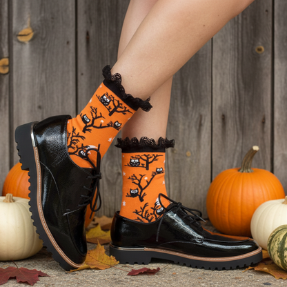 HOOT OWL Halloween Lace Top Socks - Festive Novelty Socks