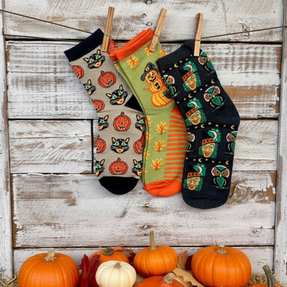 Halloween Gift Set – 3 Pairs Assorted Fun Ankle Socks & Handmade Pumpkin Earrings by Catherine Cole