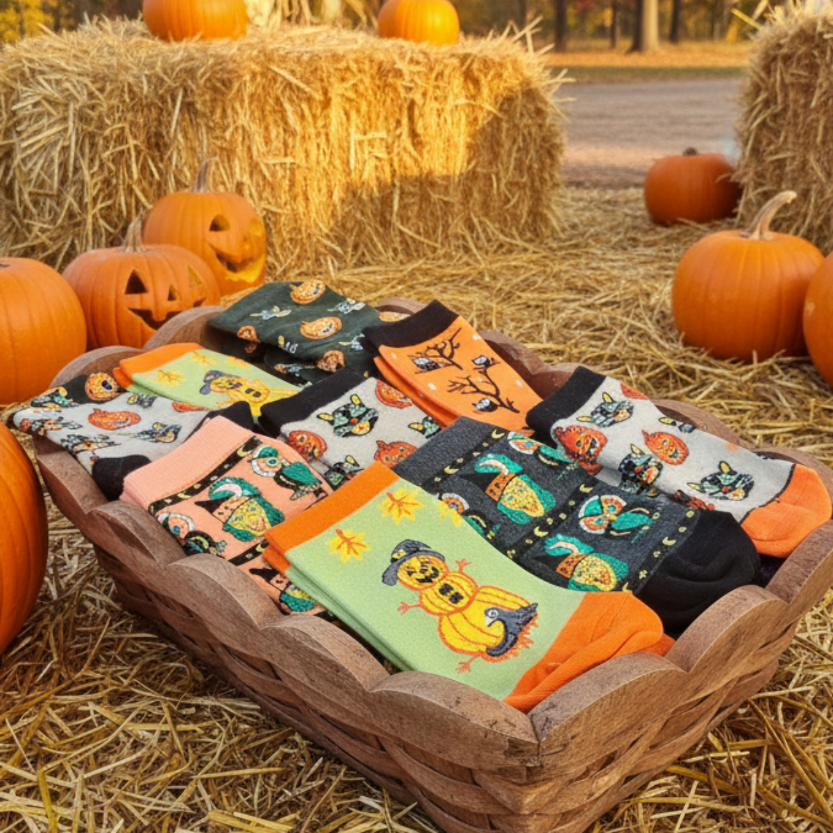 Assorted Halloween-themed socks in a wooden basket with pumpkins and hay bales in the background