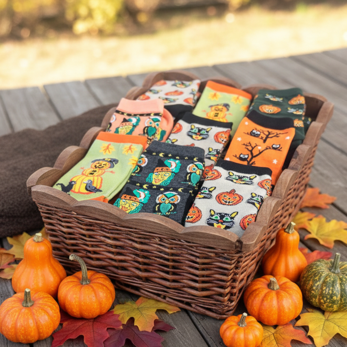Basket of Halloween-themed socks with pumpkins and leaves on a wooden surface
