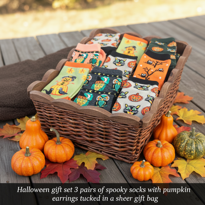 3 Pairs Halloween Socks & Pumpkin Earrings Gift Set - Spooky Whimsical Bundle