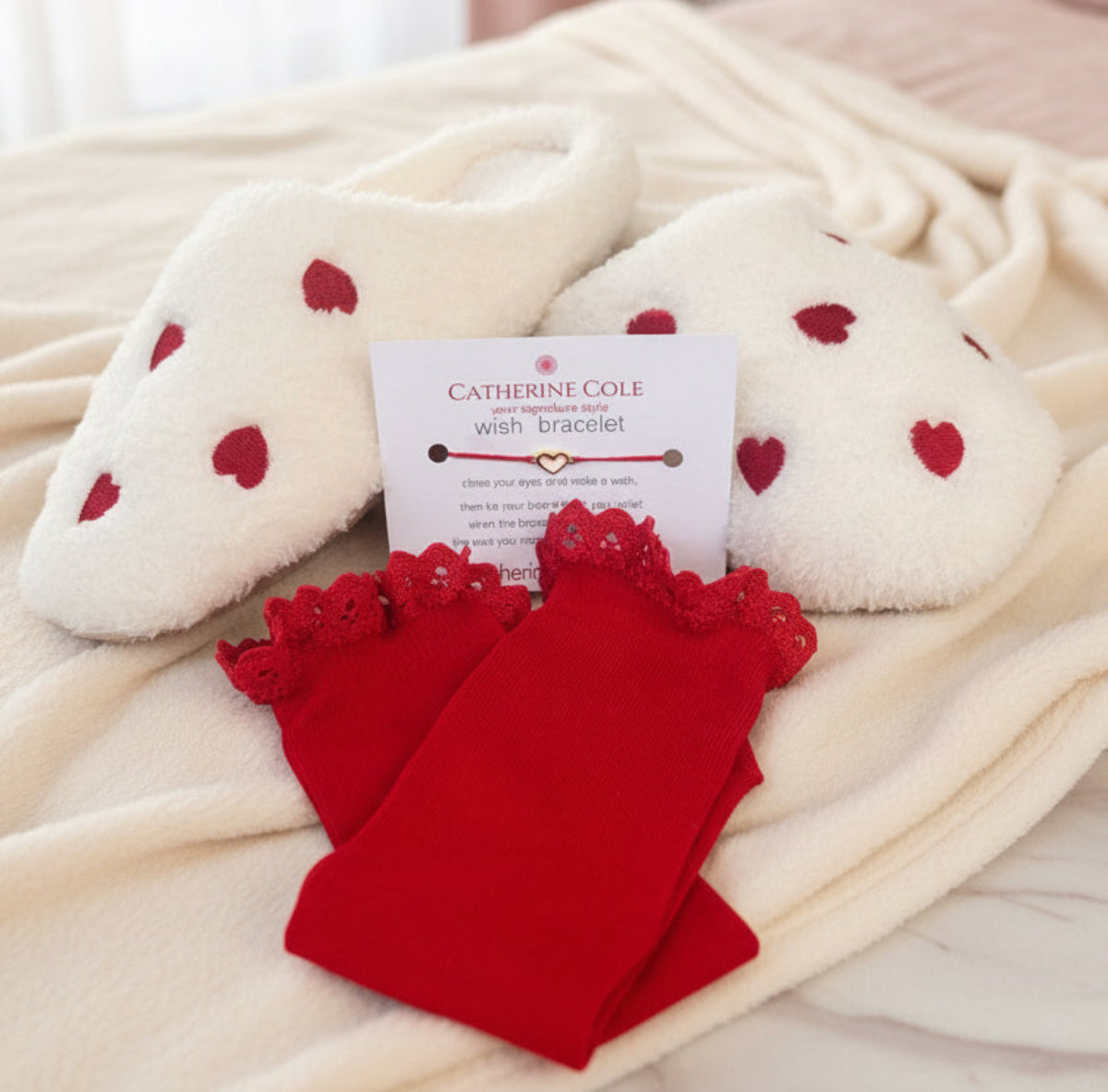 Hearts Slipper Sock Gift Set - lace topped socks + Wish Bracelet by Catherine cole