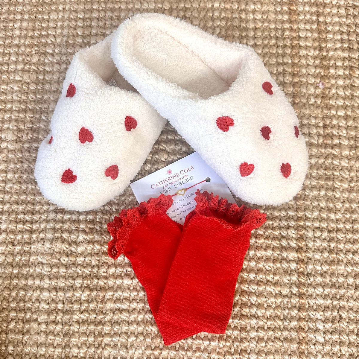 Hearts Slipper Sock Gift Set - lace topped socks + Wish Bracelet by Catherine cole